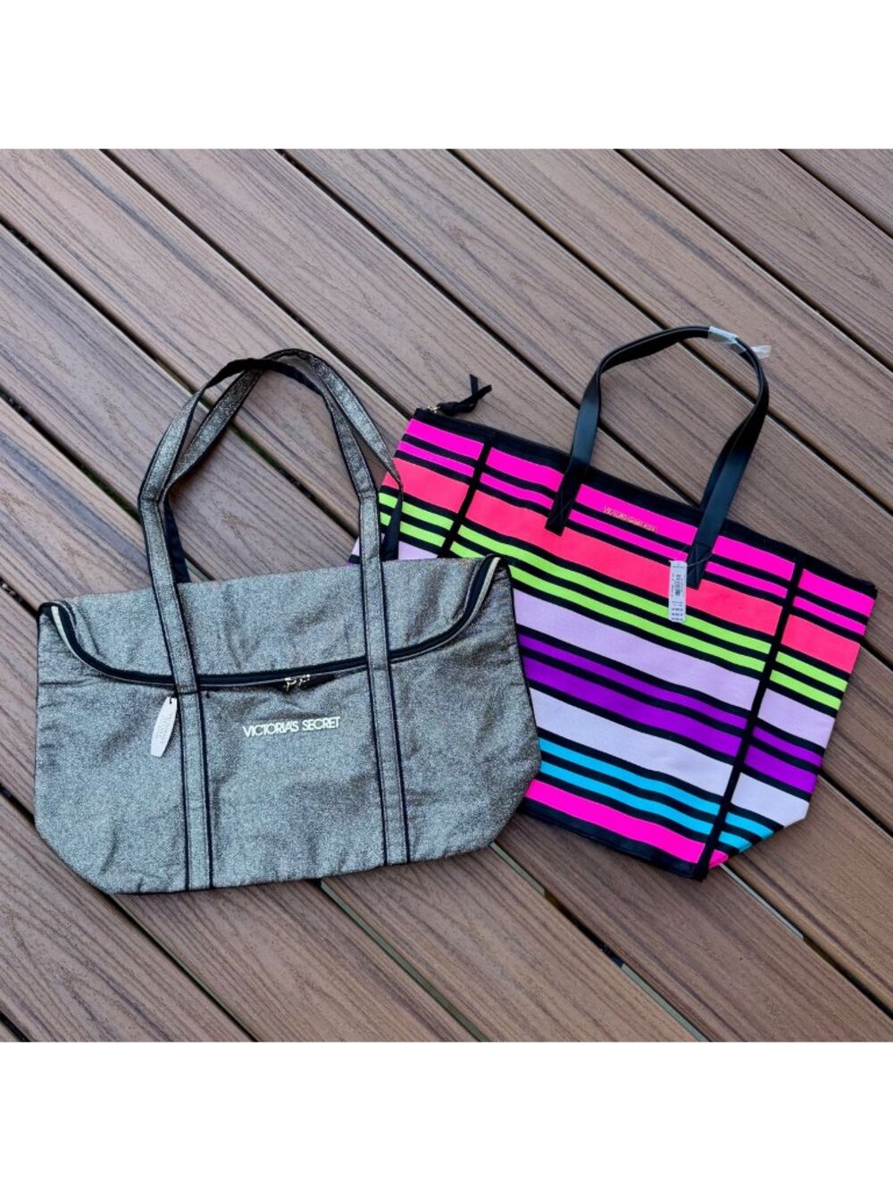 NWT Vintage Y2K Victoria’s Secret Tote Bags Silver Glittery and Colorful Stripes